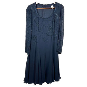Women's Navy Silk Beaded long sleeve Cocktail Dress size 10 Flowy party occasion